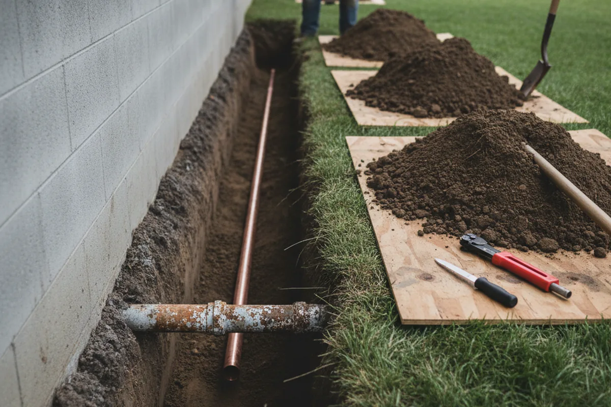 Excavated water line trench during Sewer Line Repair in Broomall